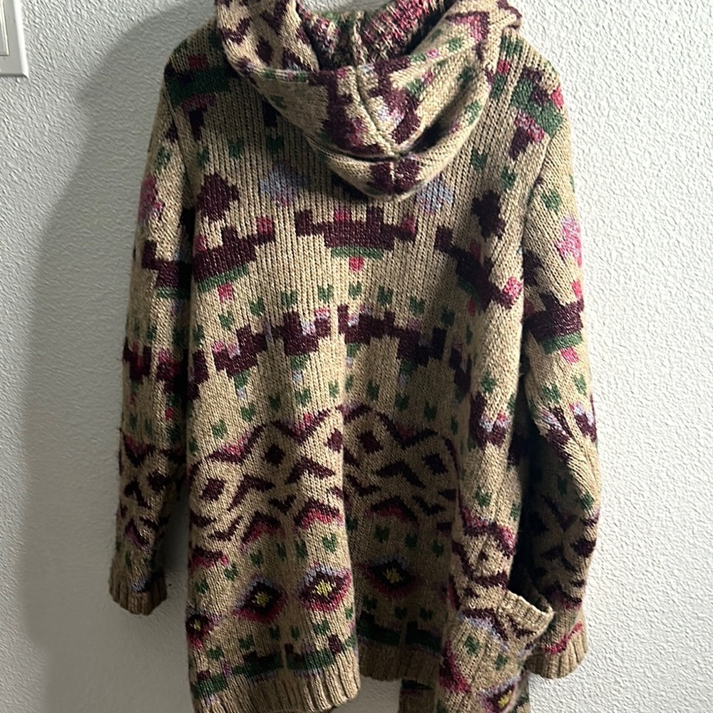 J Jill Lenox topper Aztec Lenox Hooded Sweatercardigan sz L beige burgundy wool - Picture 9 of 11